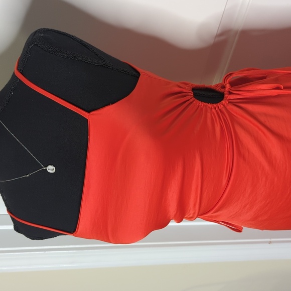 Christian Lacroix Square Neck Keyhole Satin Midi Dress Side Ties Orange Red XS - Picture 3 of 13